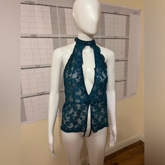 Teal Deep V Halter One Piece Teddy Bodysuit lingerie Crotchless size medium - Picture 7 of 7